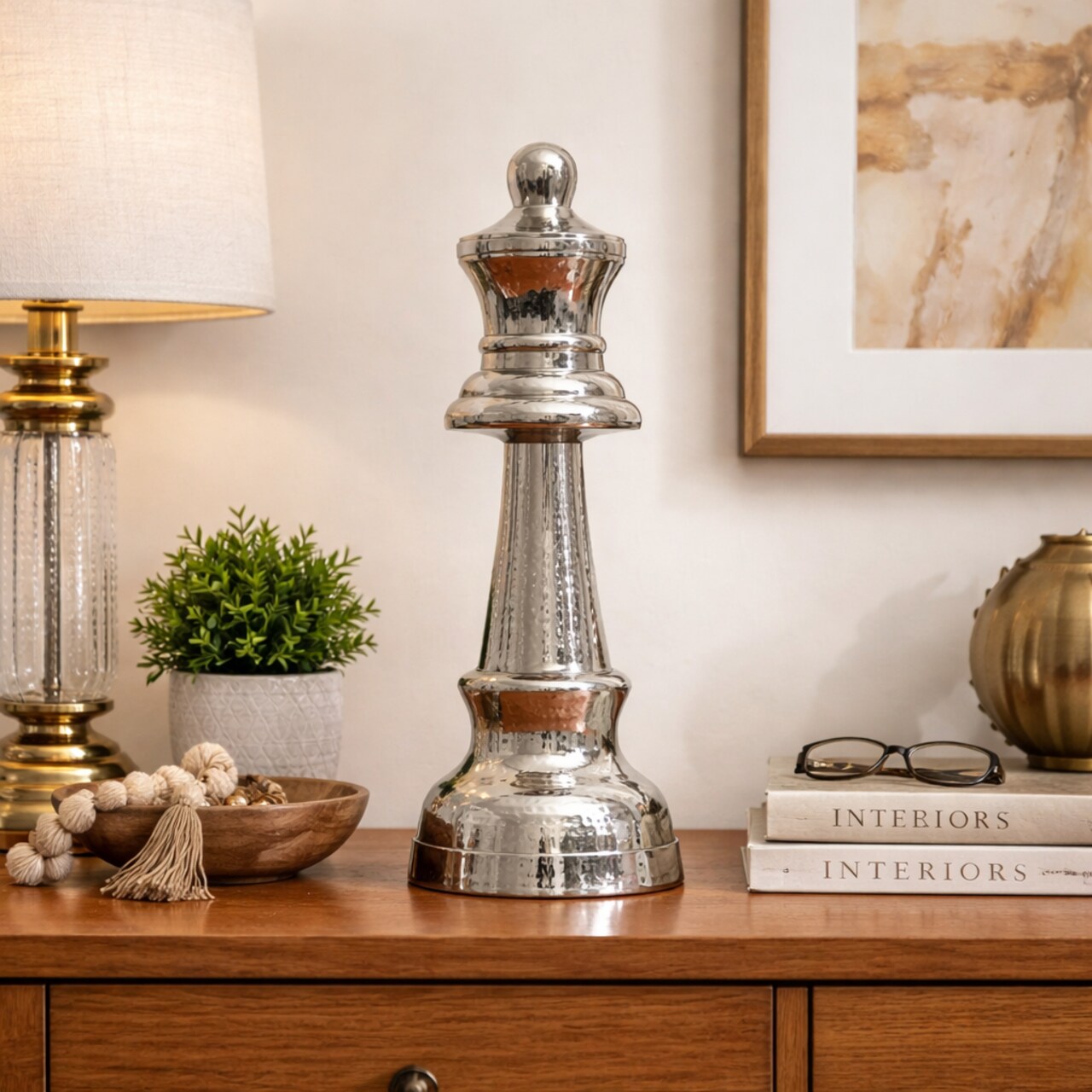 Decorative Hammered Nickel Finish Chess Bishop Sculpture – Elegant Table Accent (5.5x5.5x14")